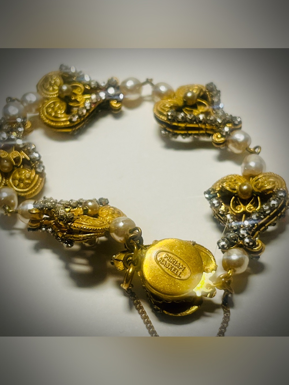 Miriam Haskell SIGNED | 1950s VTG Bracelet| Russian Gold Rhinestone Faux Pearl